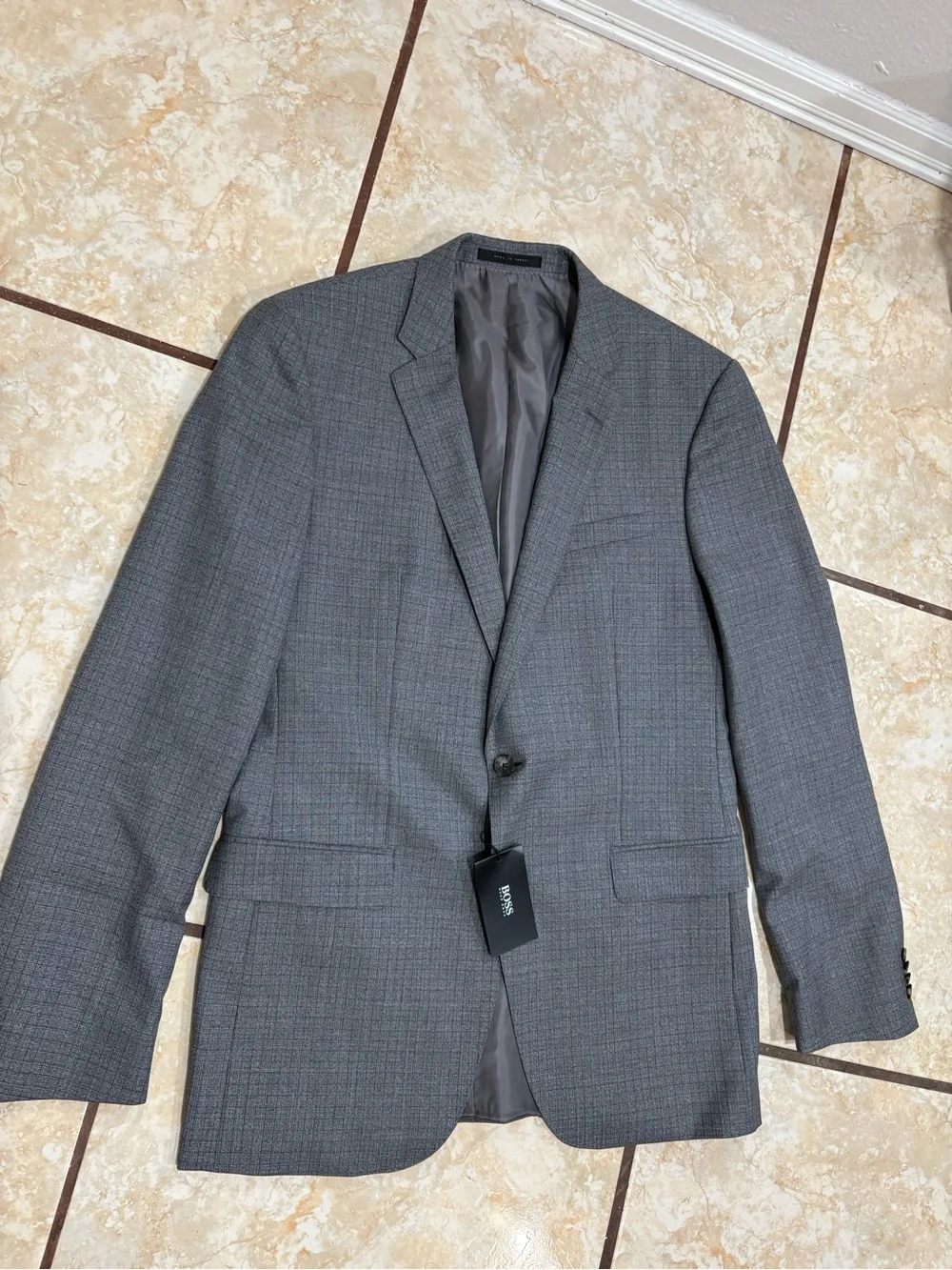 Boss Gray Two-Piece Suit with Navy Tie